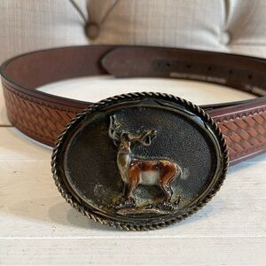 Hired Hand genuine bonded leather belt size 42 with Raintree Buckle Deer USA